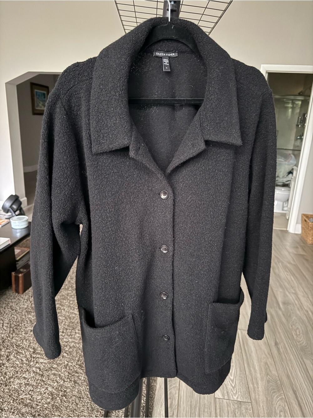 Eileen Fisher Black Textured Wool-Blend Coat
